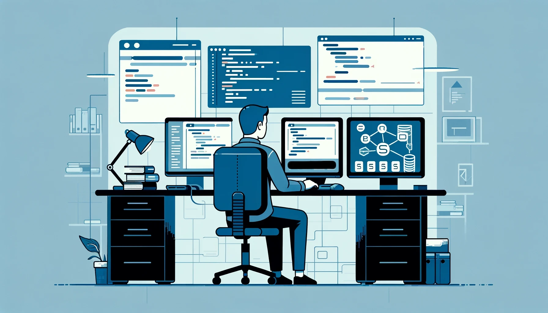 Minimalist design of a developer working on a PHP database project using Scriptcase, depicted in a modern office setting with database symbols.